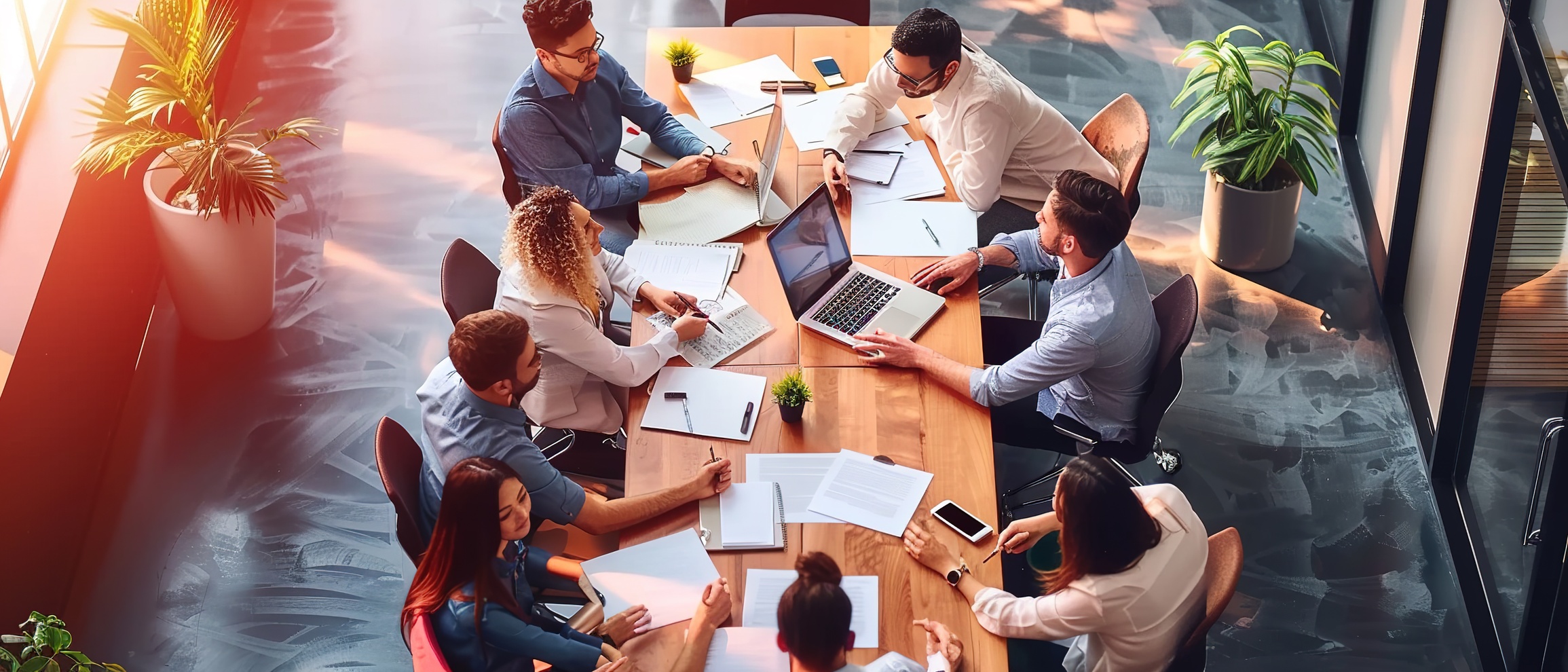 Groupe de collègues en réunion autour d’une grande table de travail.