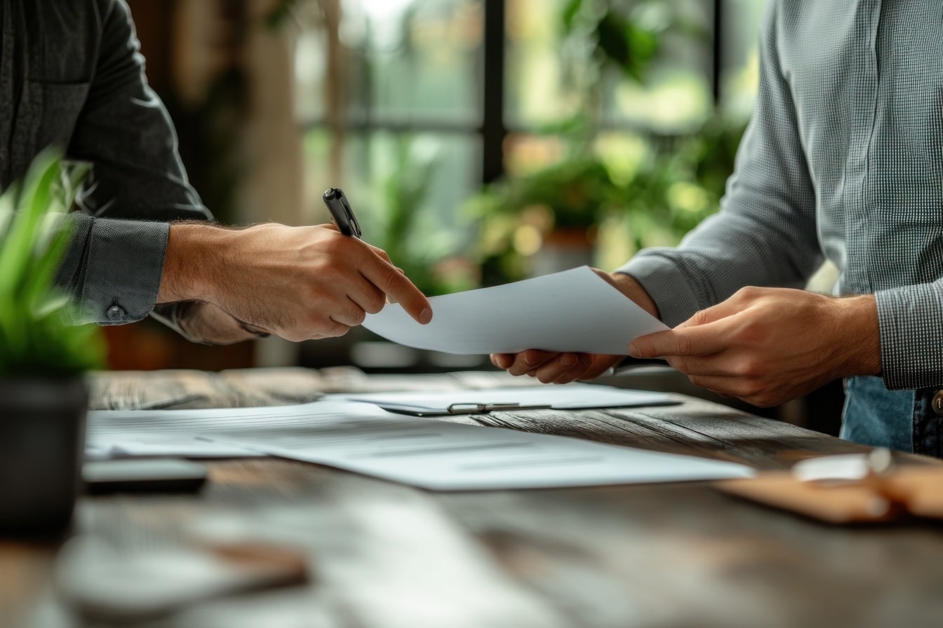 Deux personnes signant des documents sur une table en bois dans un bureau lumineux