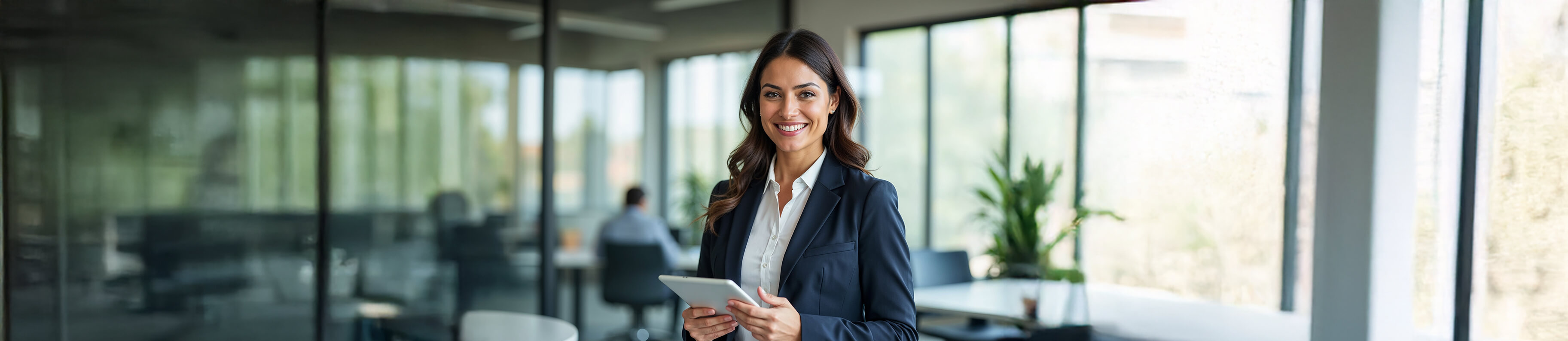 Femme d’affaires souriante tenant une tablette dans un bureau moderne, illustrant la section « Nos solutions ».